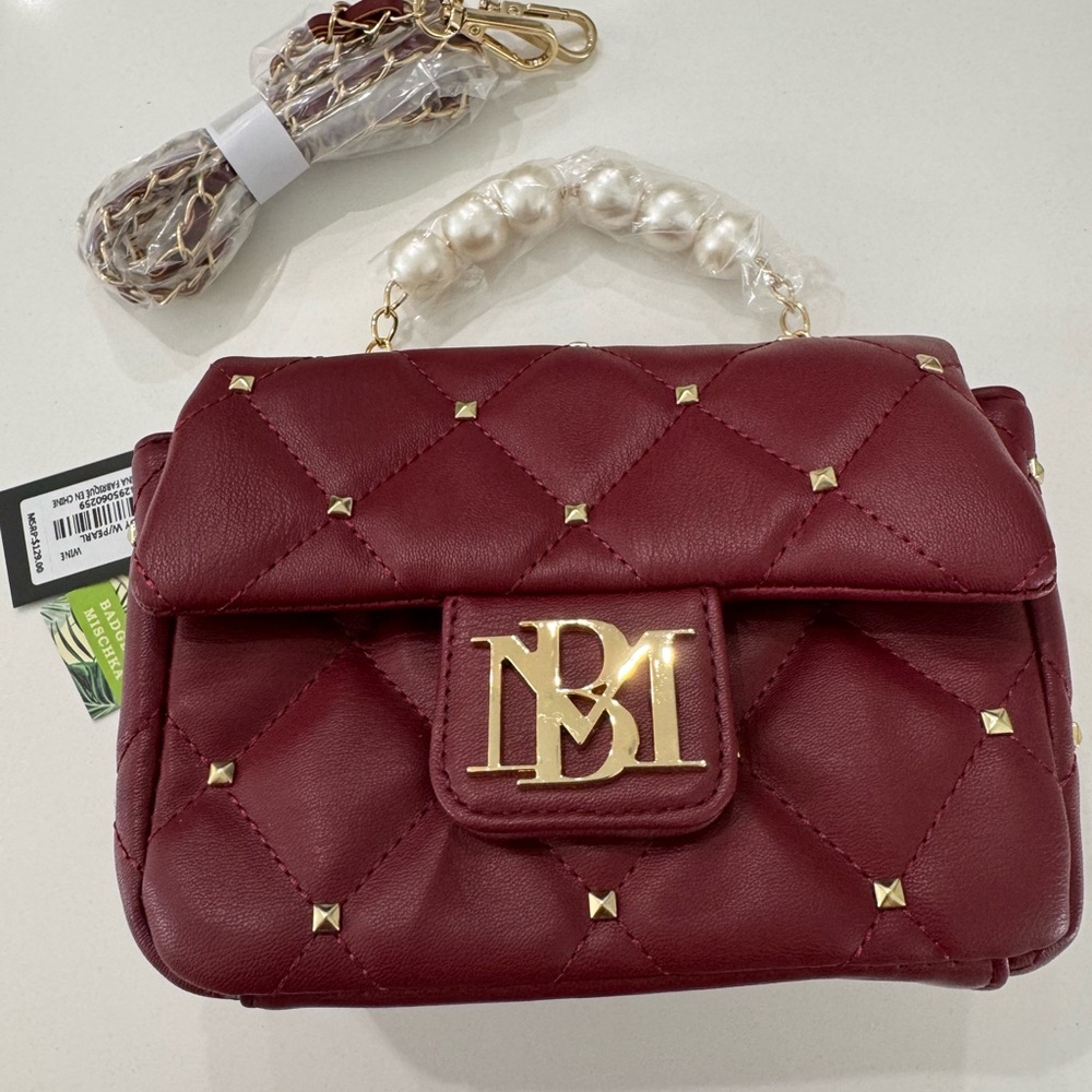 Badgley Mischka Wine Red Pearl Handle Mini Clutch Convertible Crossbody Bag NWT - Picture 7 of 8